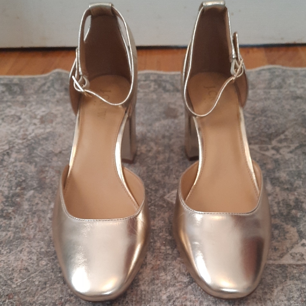 Never Worn J. Crew Ankle Strap Gold Heels
